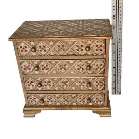 Vintage MELE Jewel Case Red & Gold Gilt Wood Jewelry Box Florentine Style Japan - Picture 10 of 13